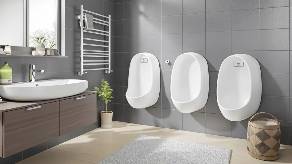 Salle de bain moderne avec lavabo et urinoirs.